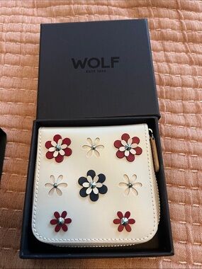 WOLF Cream Leather Floral Zip Jewelry carrier with Red and Navy Appliqués